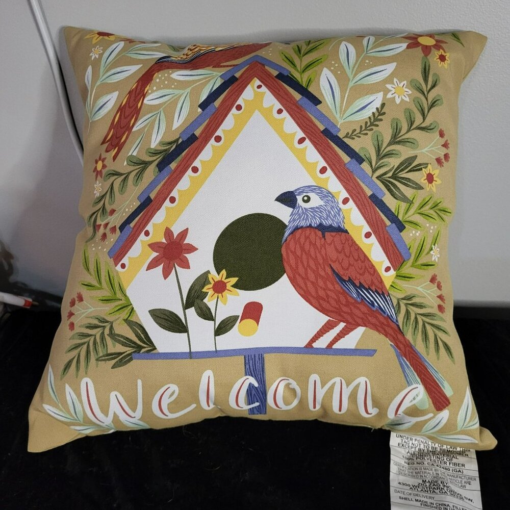 Welcome Birdhouse Outdoor Throw Pillow - 100% Polyester Fiber Filled